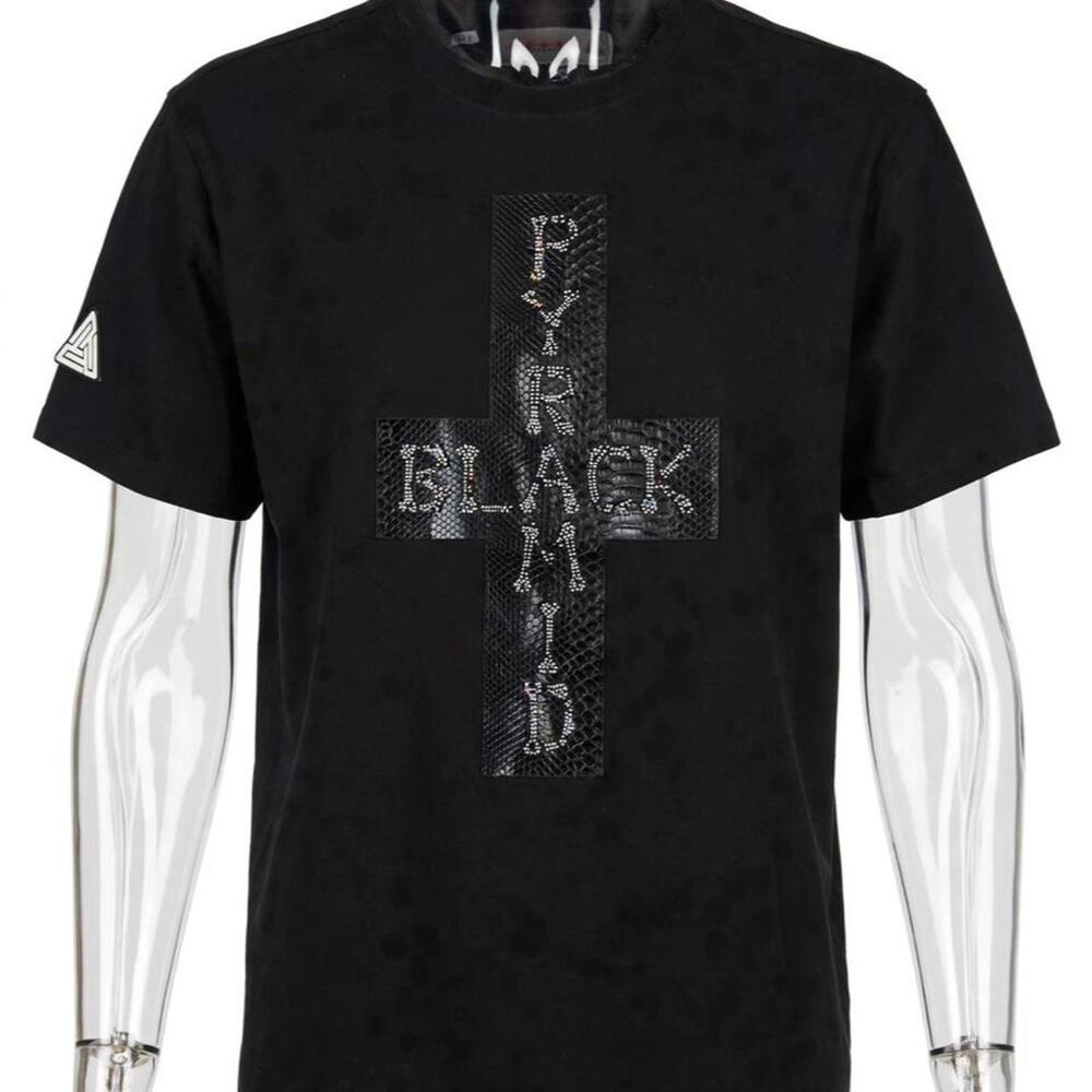 Black Pyramid T-Shirt Mens XXL Black Cross Snakeskin Rhinestone Y2K Streetwear